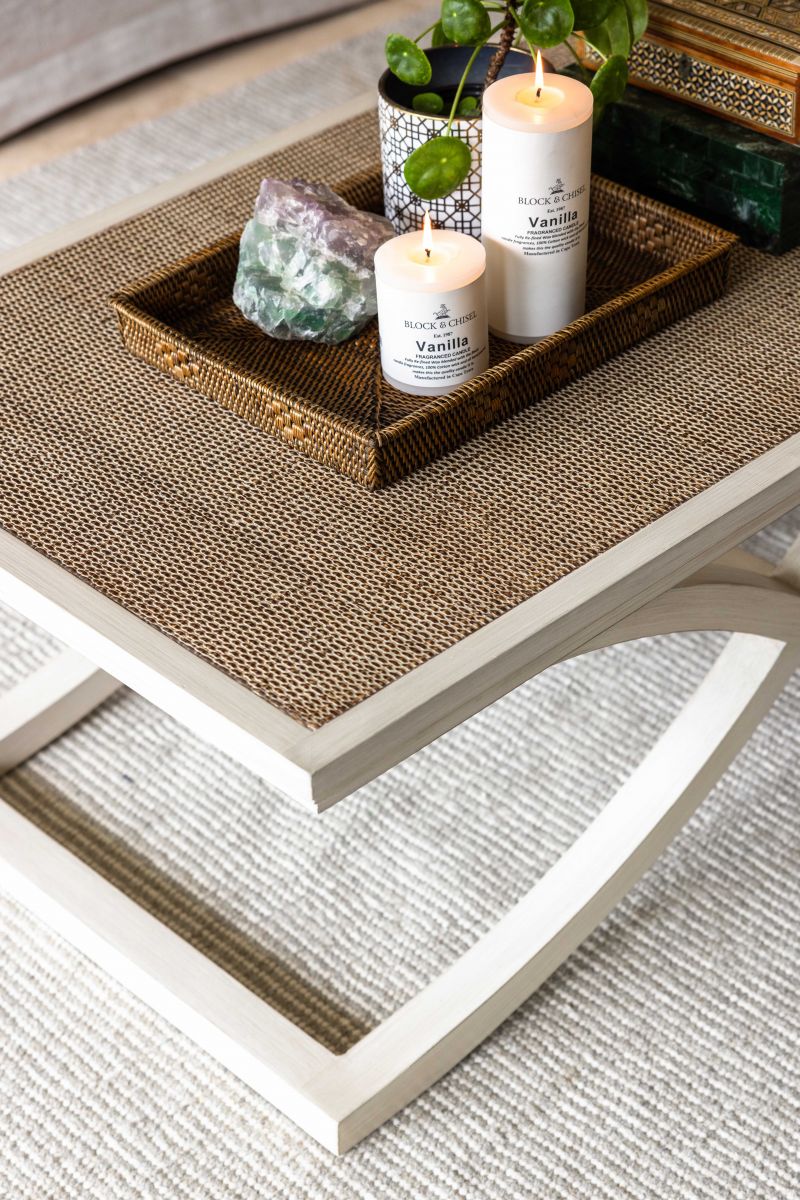 Cross leg coffee table with rattan inlay top