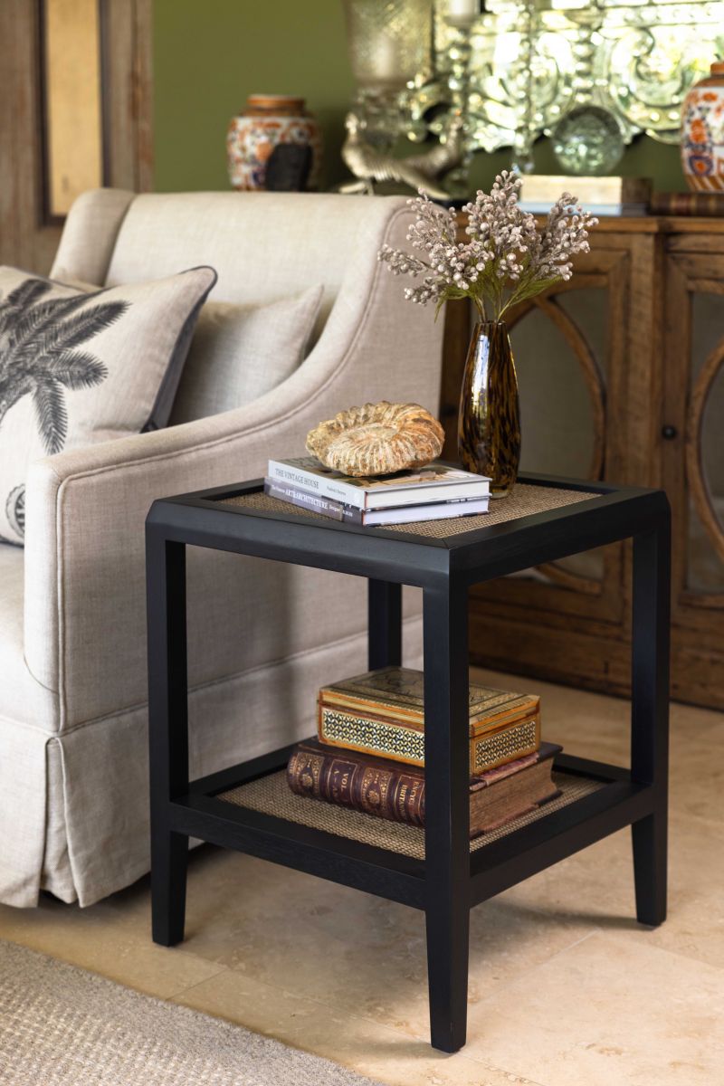 black side table with rattan inlay