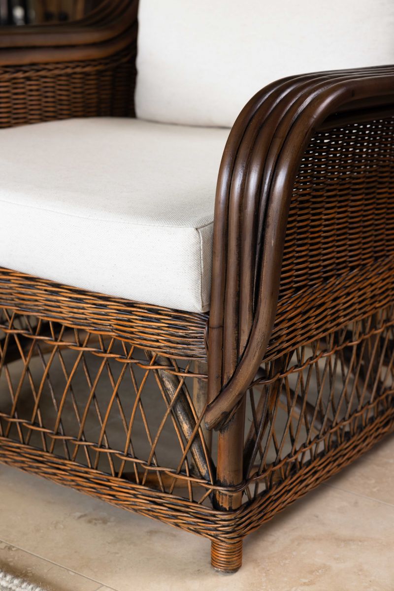 Block and chisel cane armchair with back and seat cushions 