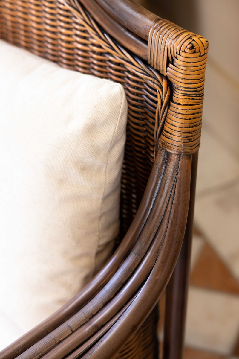 Block and chisel cane armchair with back and seat cushions 