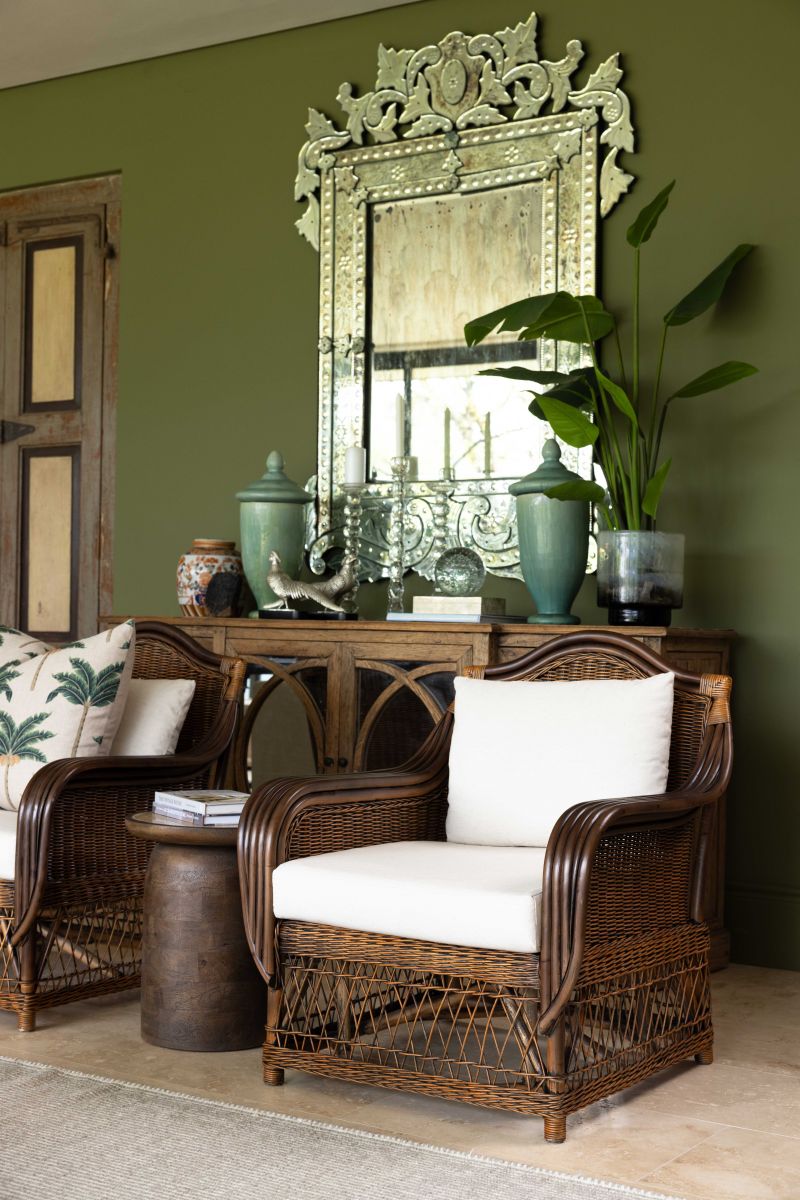 Block and chisel cane armchair with back and seat cushions 