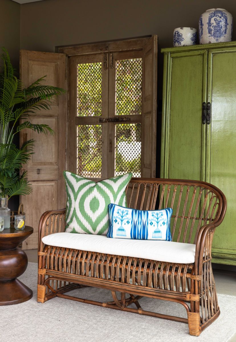 cane and rattan small sofa with seat cushion