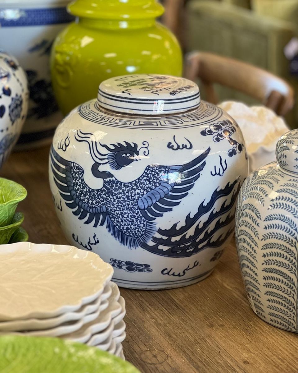 Blue and white ceramic jar with lid 