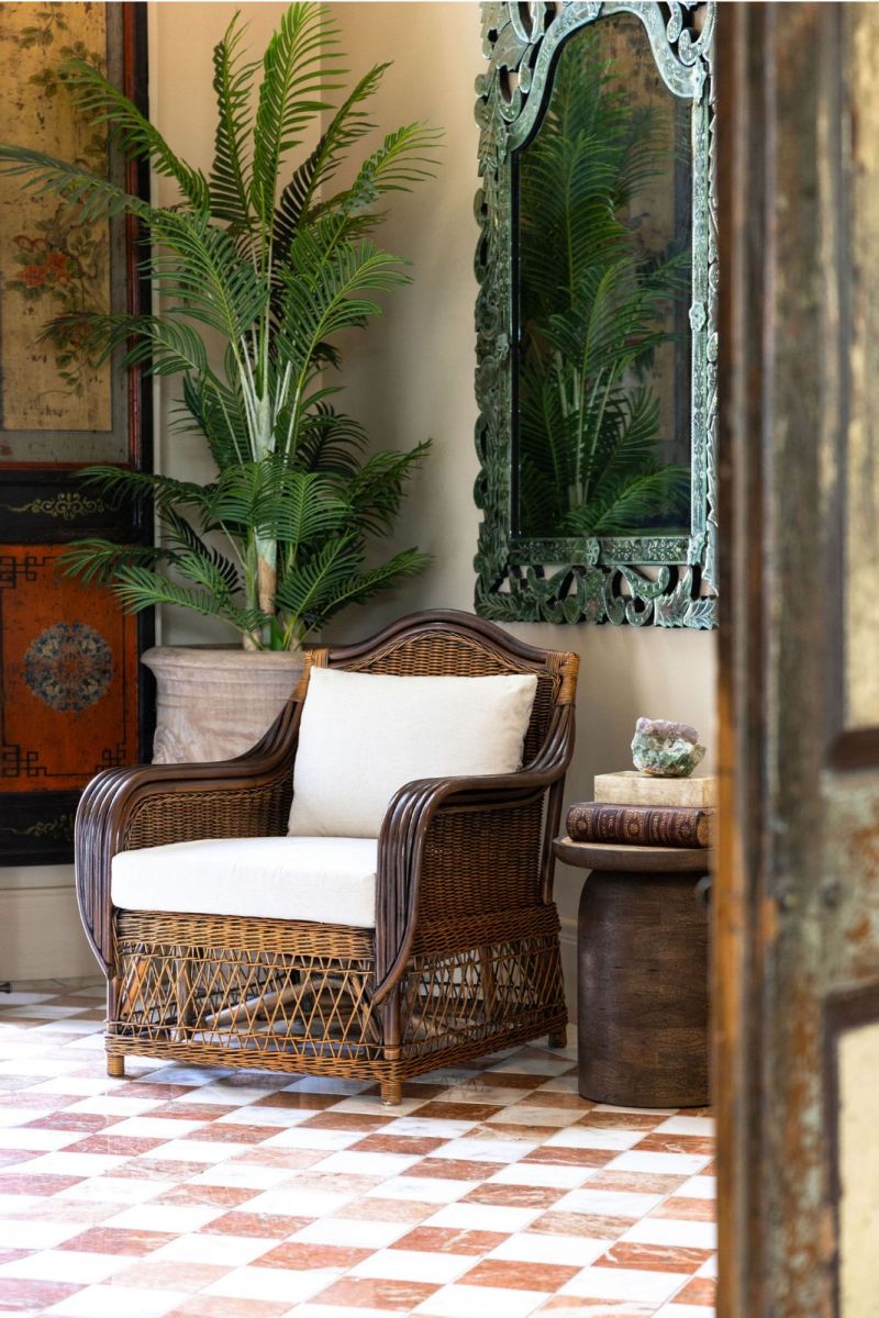 Block and chisel cane armchair with back and seat cushions 