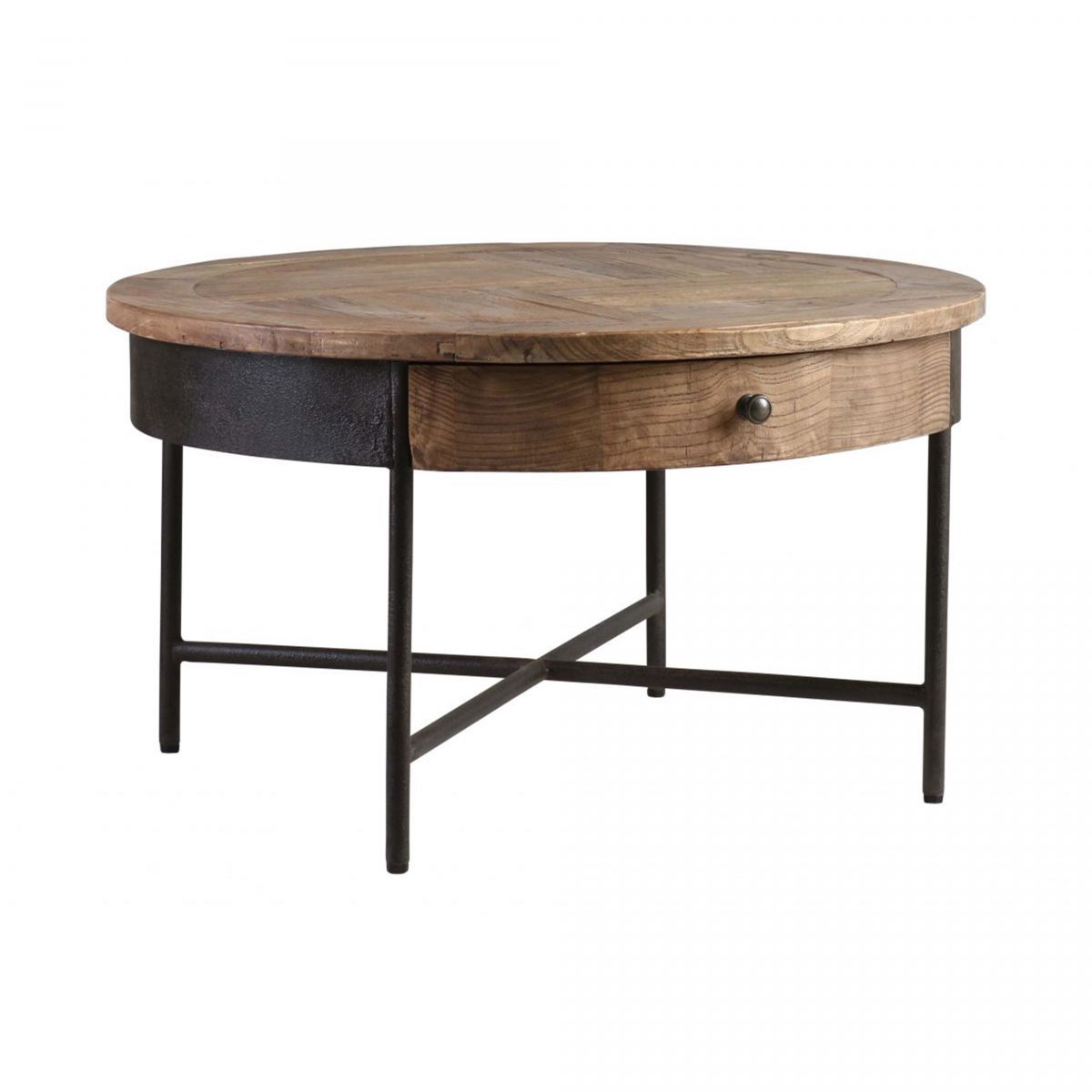 round elm coffee table with metal cross base