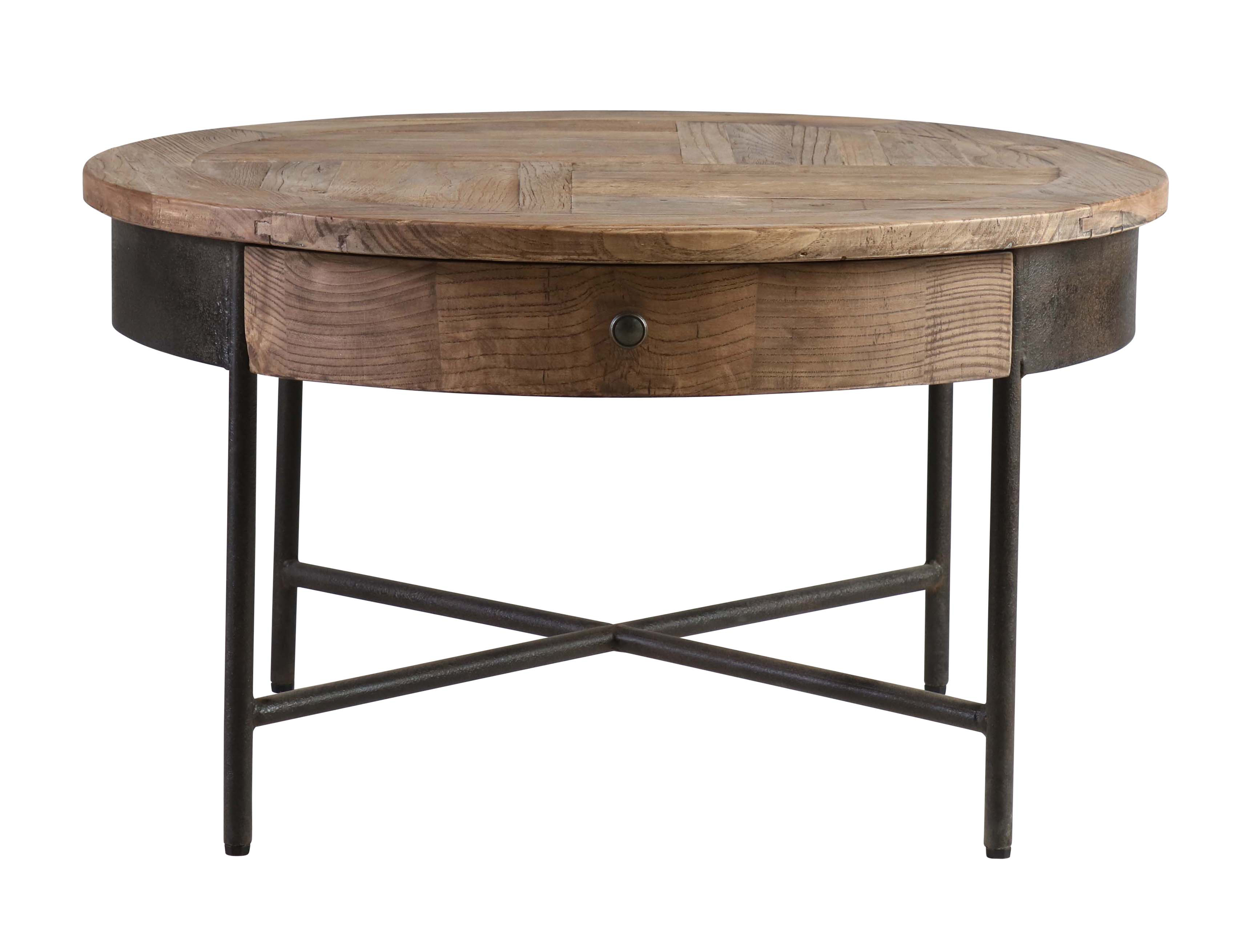 round elm coffee table with metal cross base