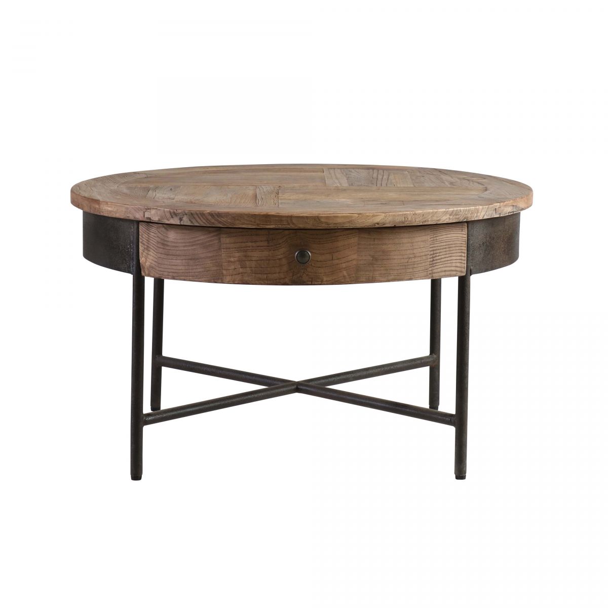 round elm coffee table with metal cross base