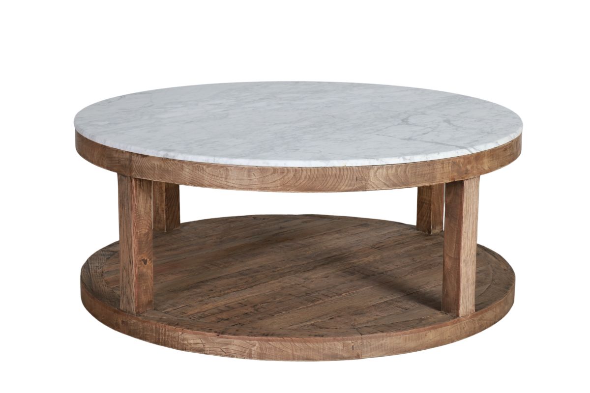 round oak coffee table with marble top 