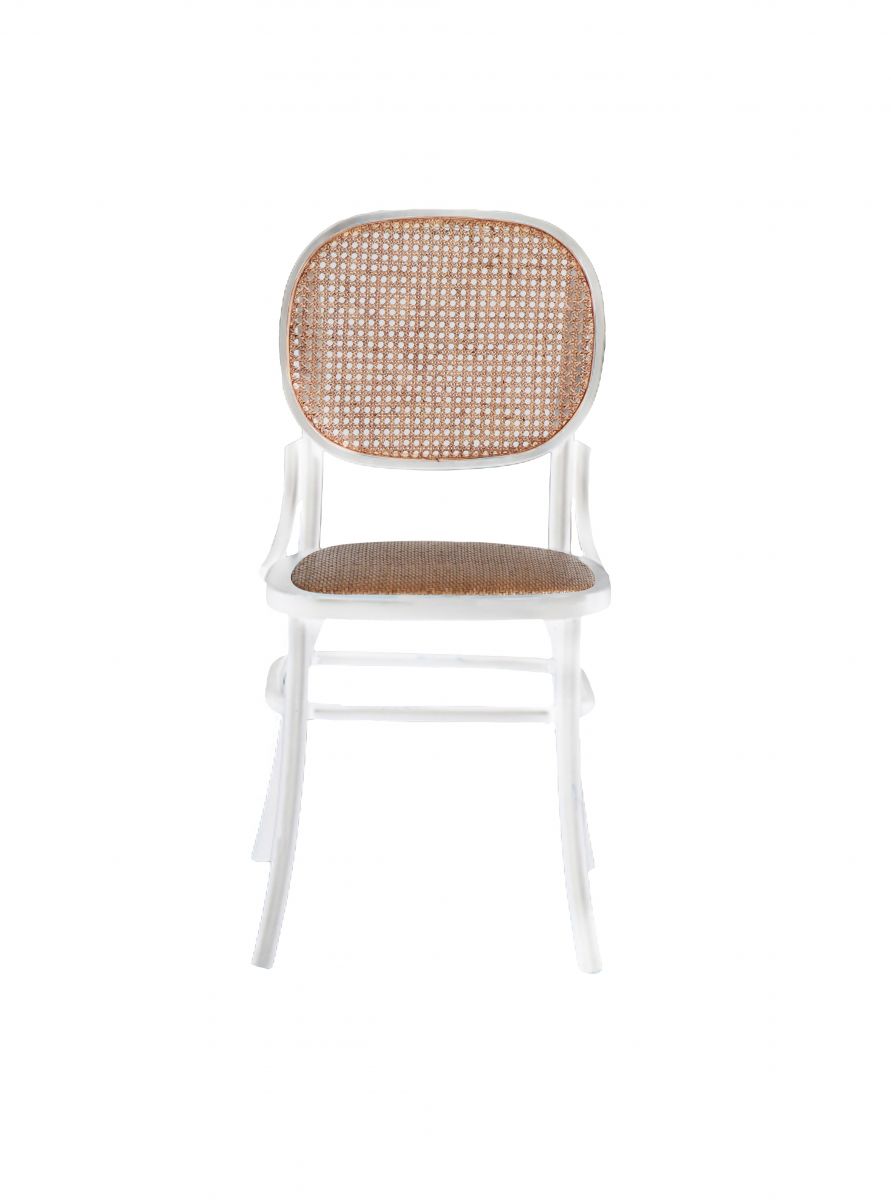 white wooden chair with rattan back and seat