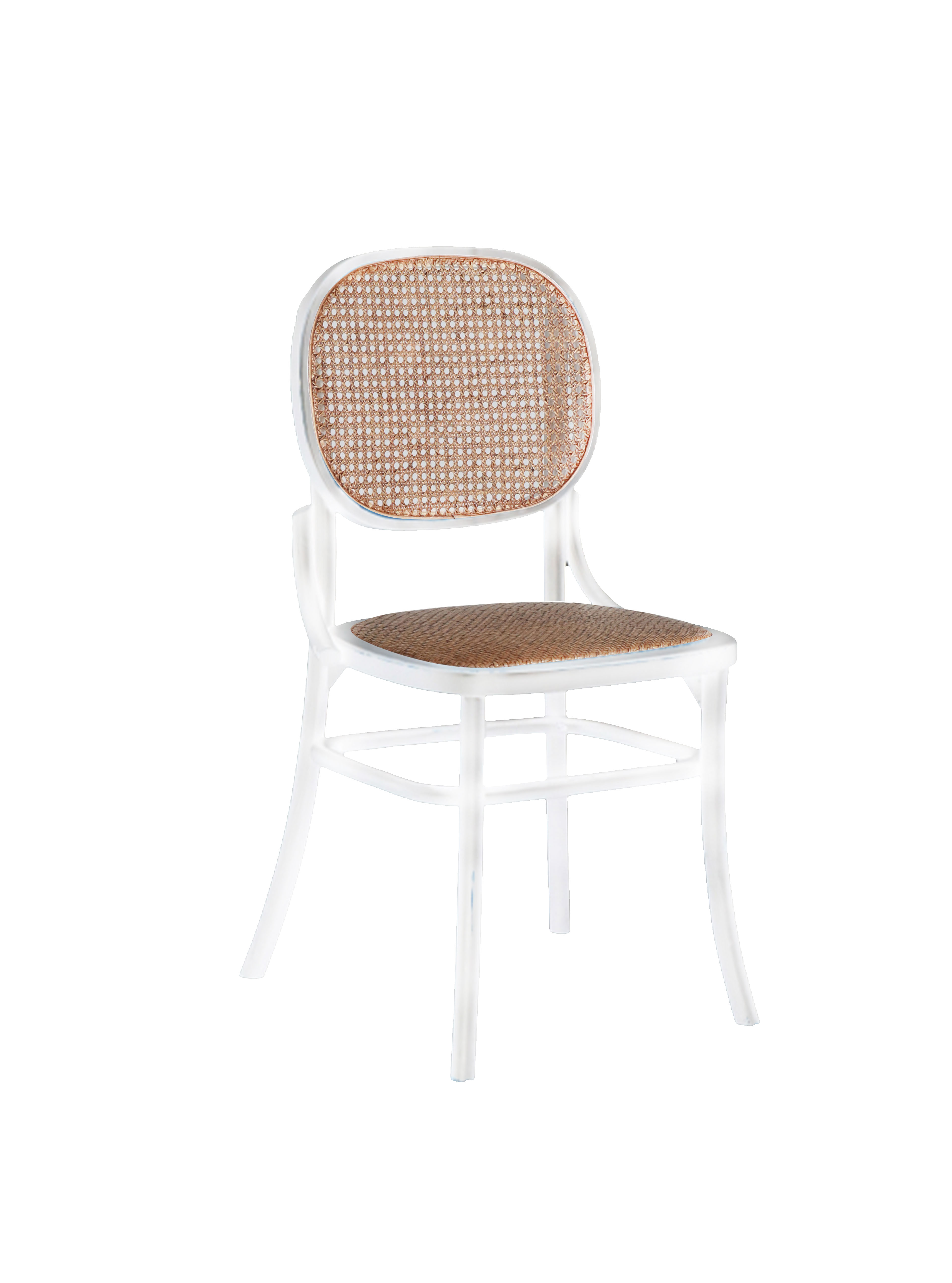 white wooden chair with rattan back and seat