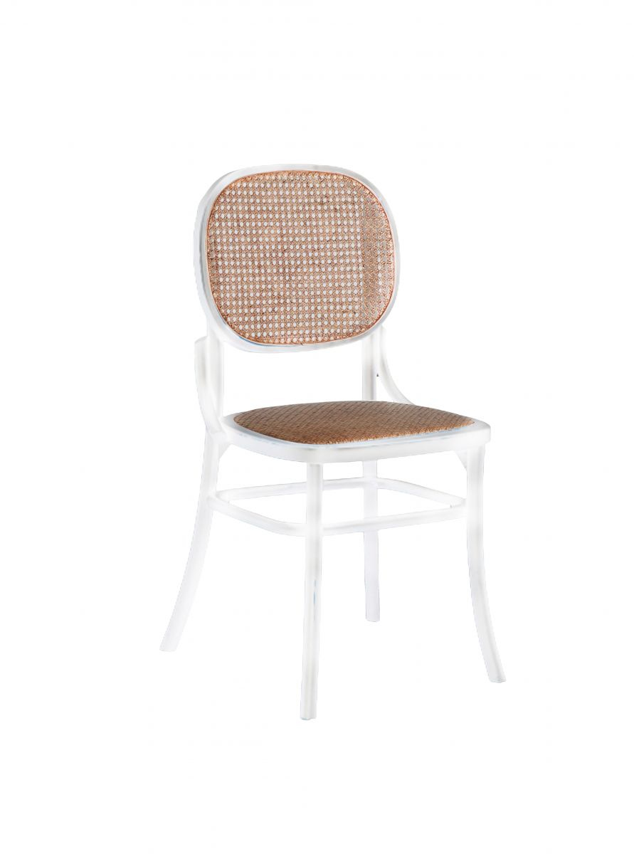 white wooden chair with rattan back and seat