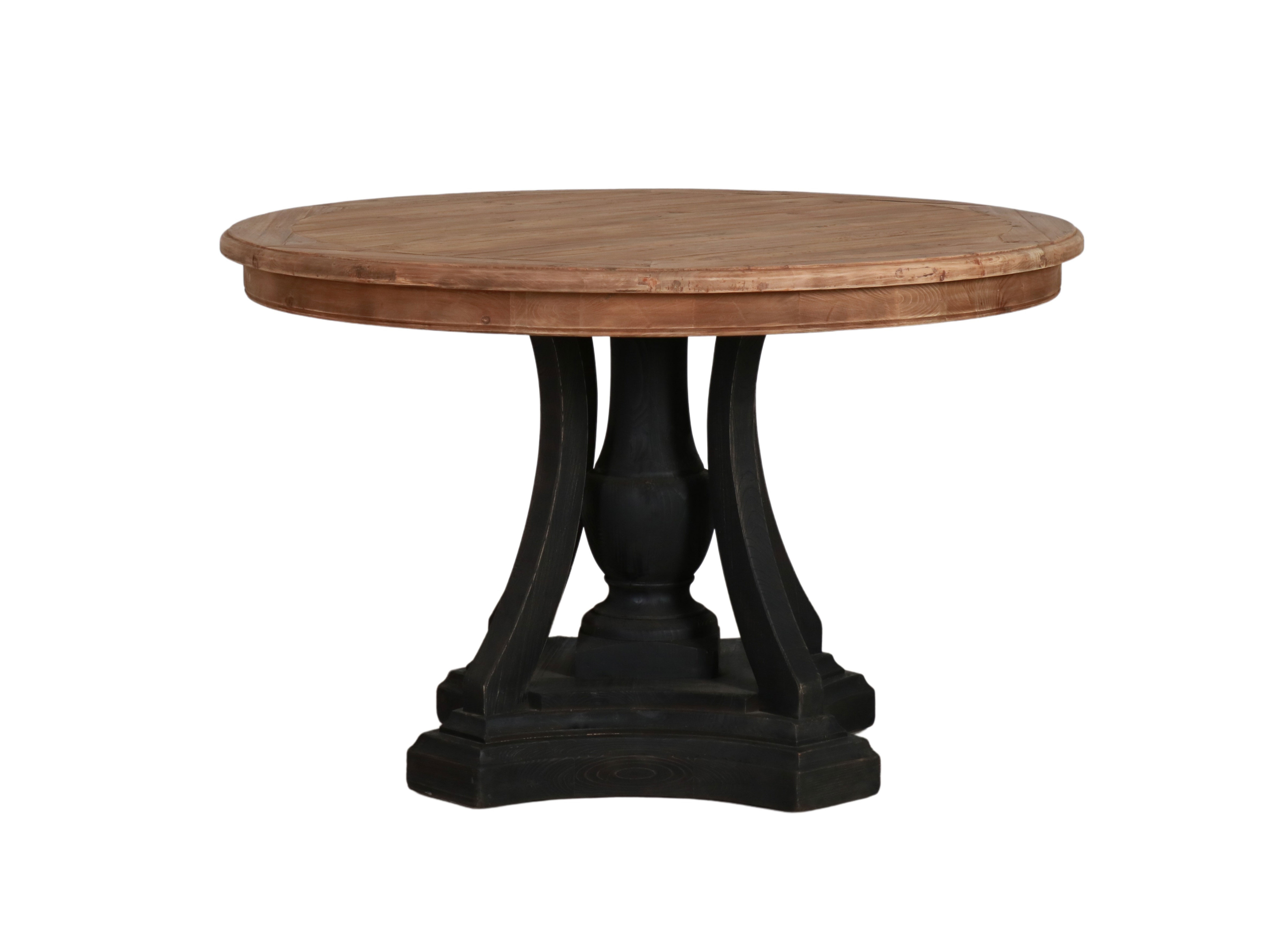 round dining table black base and natural top