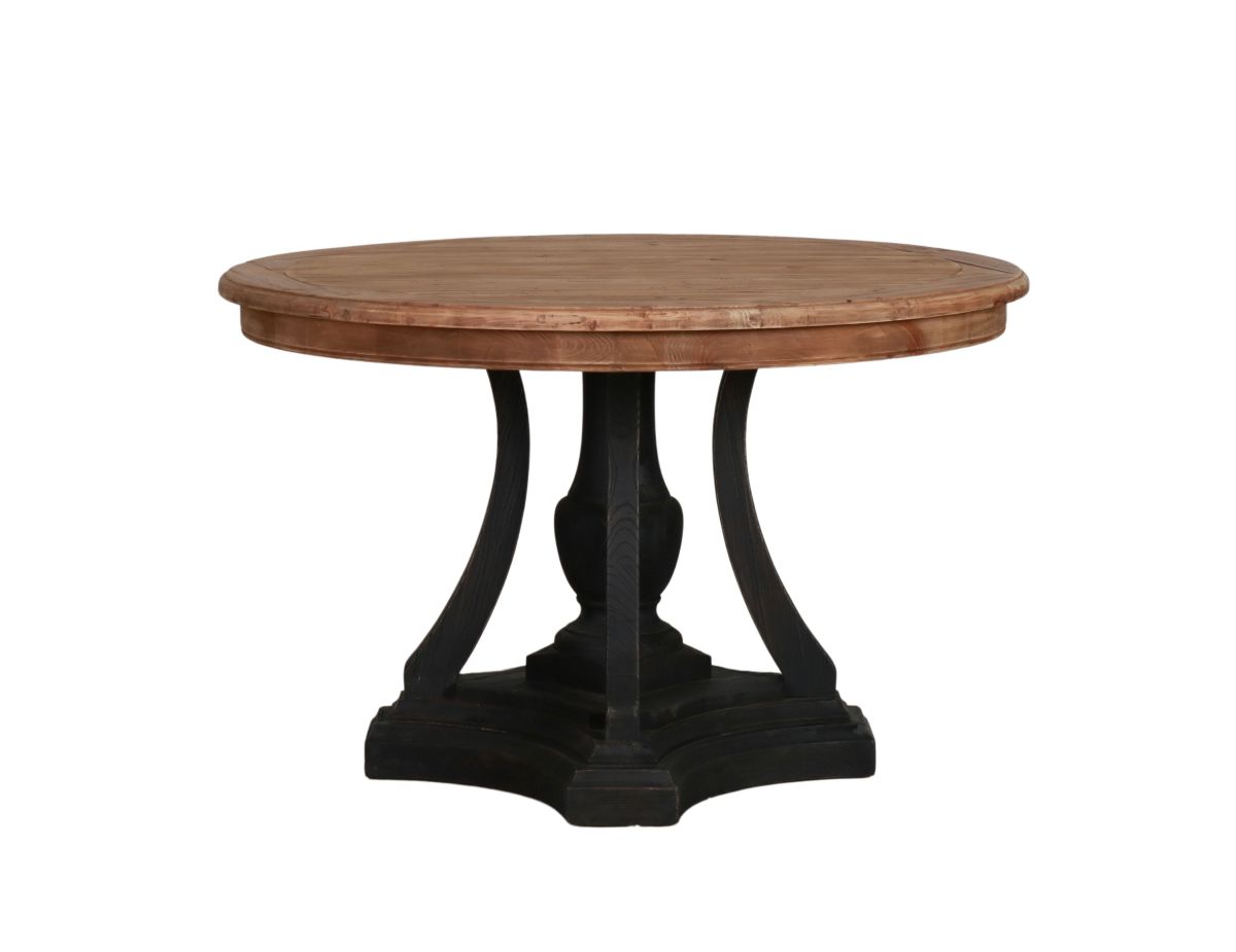 round dining table black base and natural top