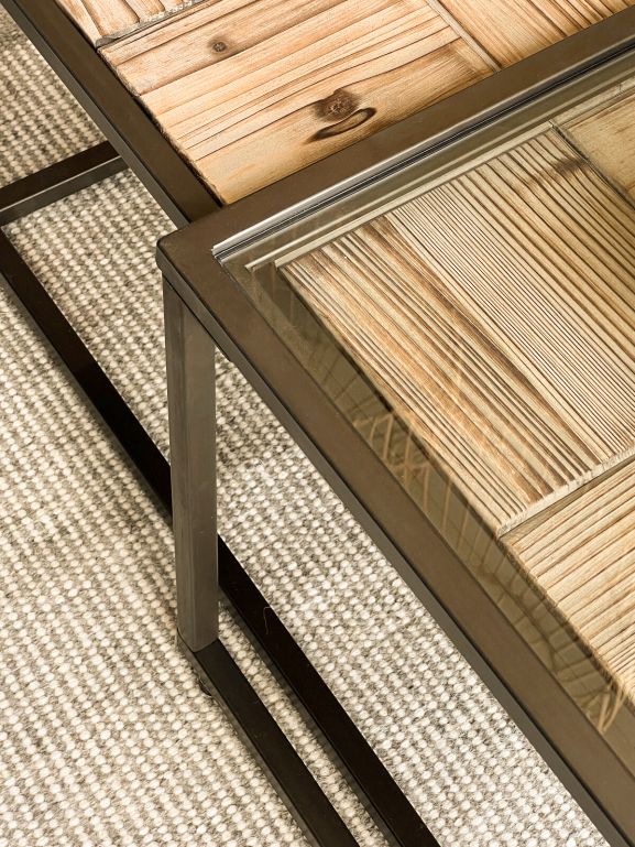 Glass and wood square coffee table with metal frame 