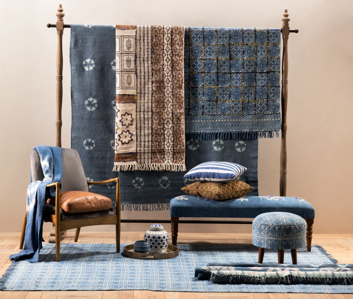 blue cotton rug with flower detail