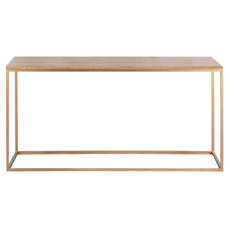 Lillian console with gold metal base and antique weathered oak top