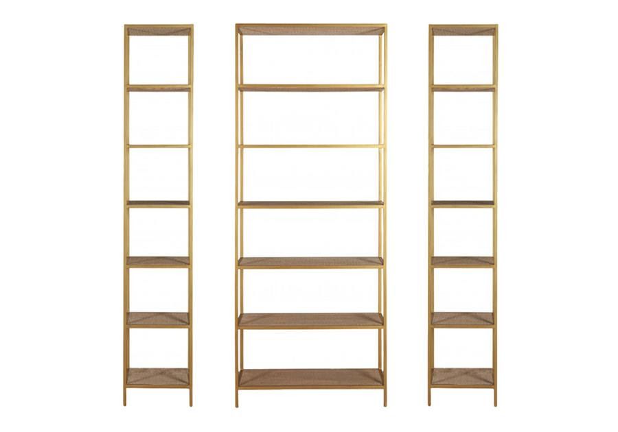 gold and wicker narrow bookshelf 